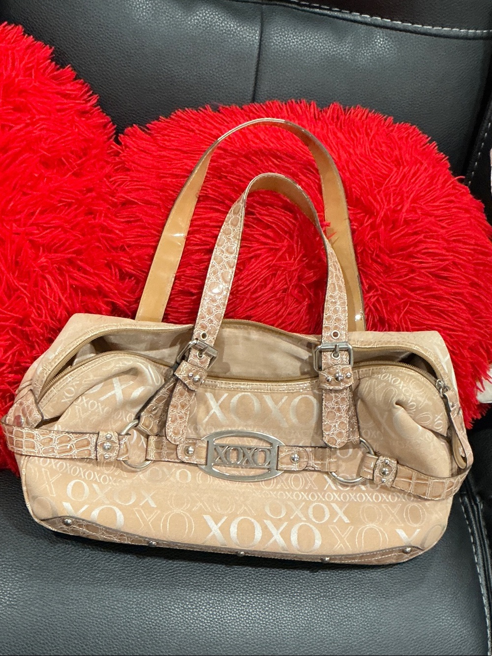 XOXO Tan Logo-Print Shoulder Bag with Buckle Accents